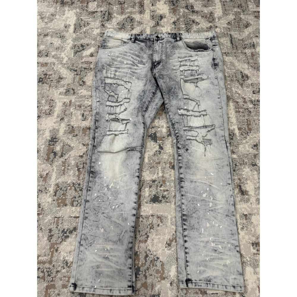 Smoke Rise Mens 42x32 Grey Acid Wash Distressed Rip Repair Paint Splatter Jeans‎